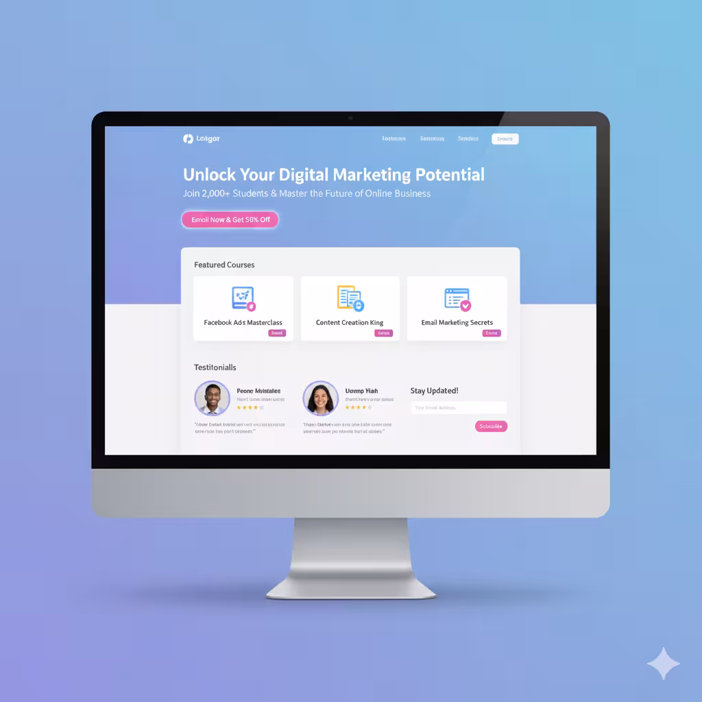 Hero CTA, testimonial slider, email capture